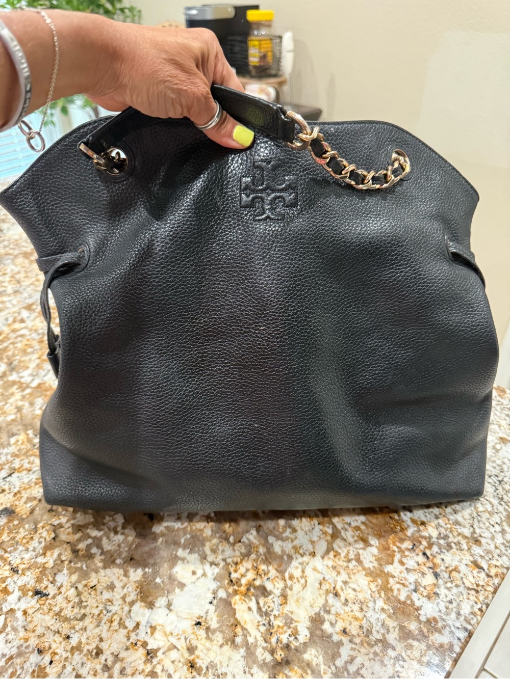 Tory Burch Black Pebbled Leather Shoulder Bag with Gold Chain Detail